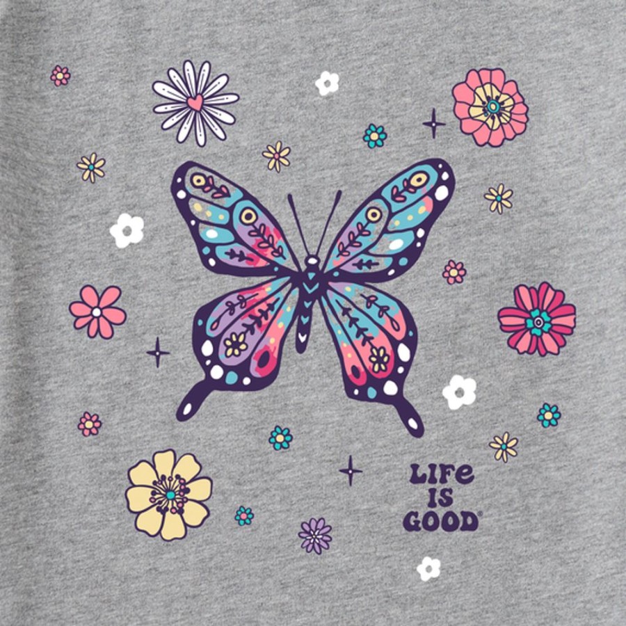 Women Life is Good Graphic Tees | Women'S Tie Dye Retro Butterfly Flowers Crusher-Lite Vee Heather Gray