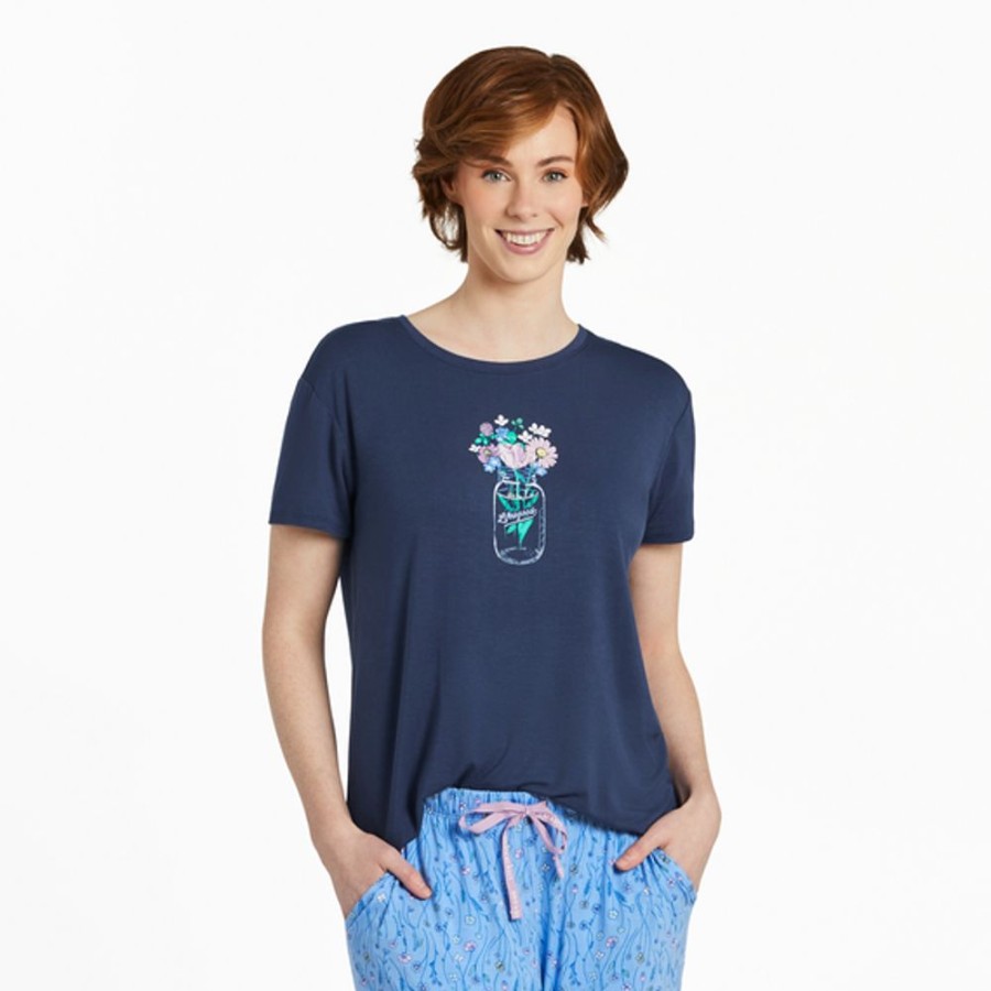 Women Life is Good Sleepwear | Women'S Jar Bouquet Lightweight Sleep Tee Darkest Blue