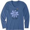 Women Life is Good Graphic Tees | Women'S Spring Daisy Dog Long Sleeve Crusher Vee Vintage Blue