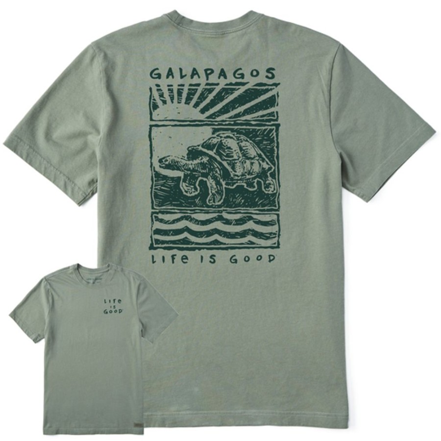 Men Life is Good Graphic Tees | Men'S Woodcut Galapagos Tortoise Short Sleeve Tee Moss Green