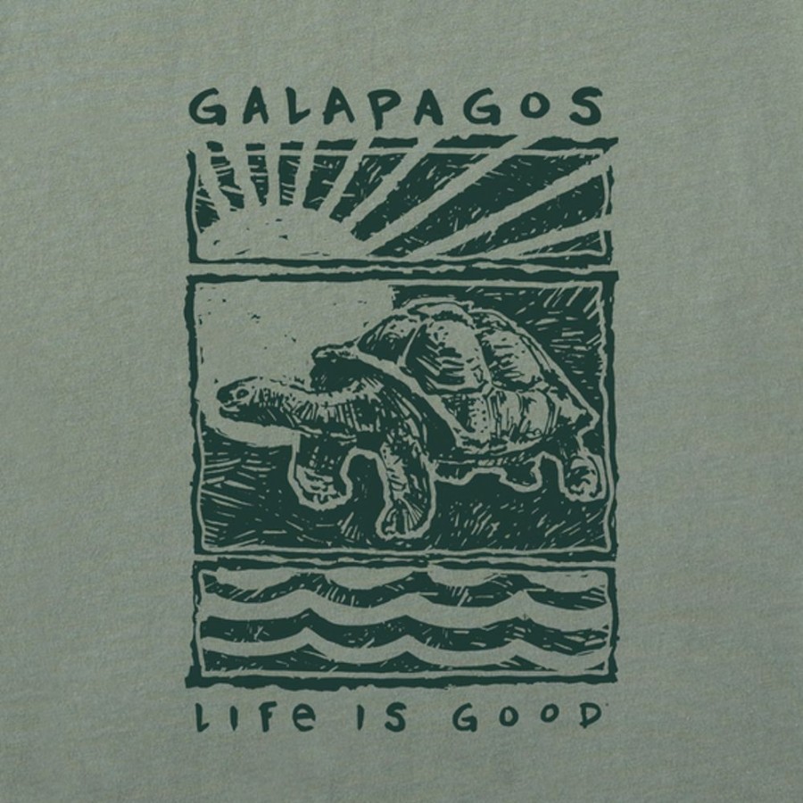 Men Life is Good Graphic Tees | Men'S Woodcut Galapagos Tortoise Short Sleeve Tee Moss Green