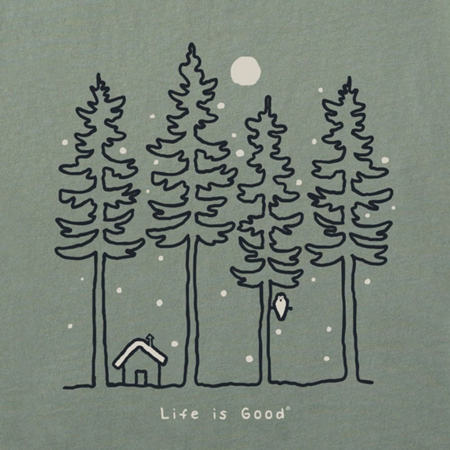 Men Life is Good Graphic Tees | Men'S Quirky Snowy Woods Long Sleeve Crusher Tee Moss Green