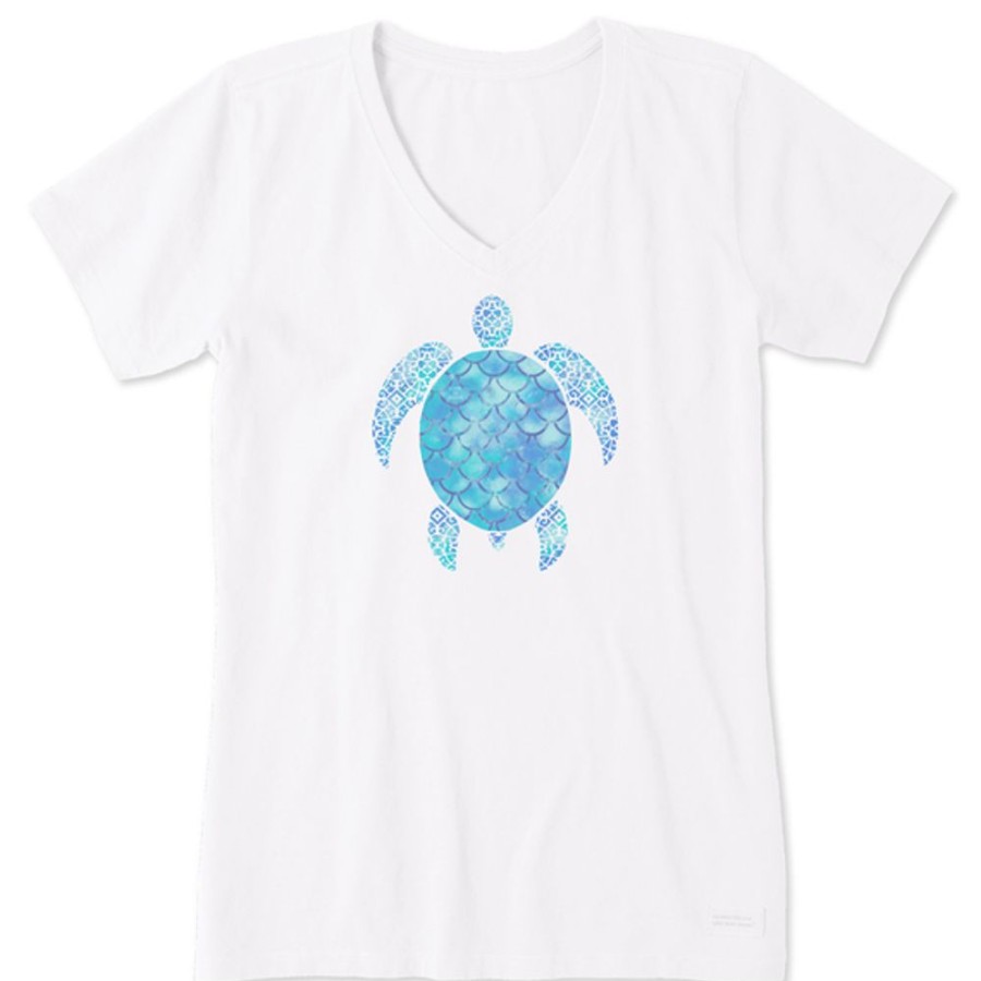 Women Life is Good Graphic Tees | Women'S Iridescent Turtle Crusher Vee Cloud White