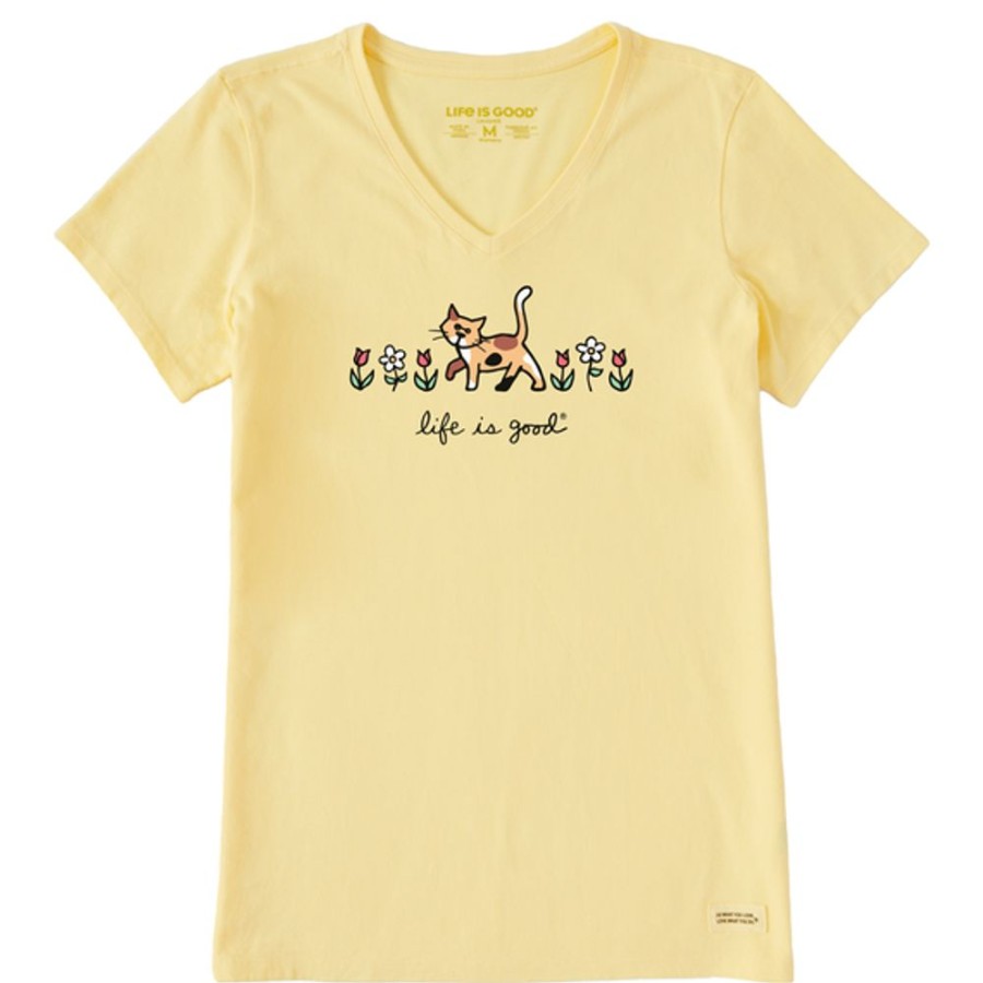 Women Life is Good Graphic Tees | Women'S Vintage Al With Flowers Crusher Vee Sandy Yellow