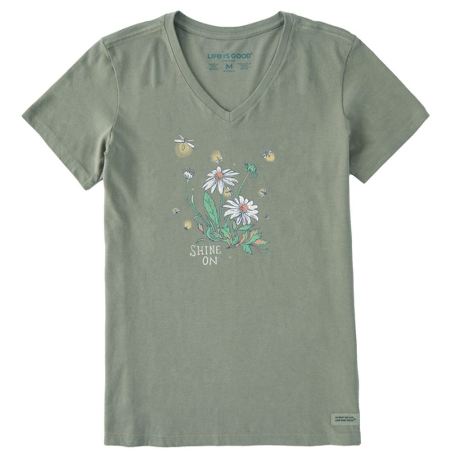 Women Life is Good Graphic Tees | Women'S Dreamy Shine On Daisies Crusher Vee Moss Green