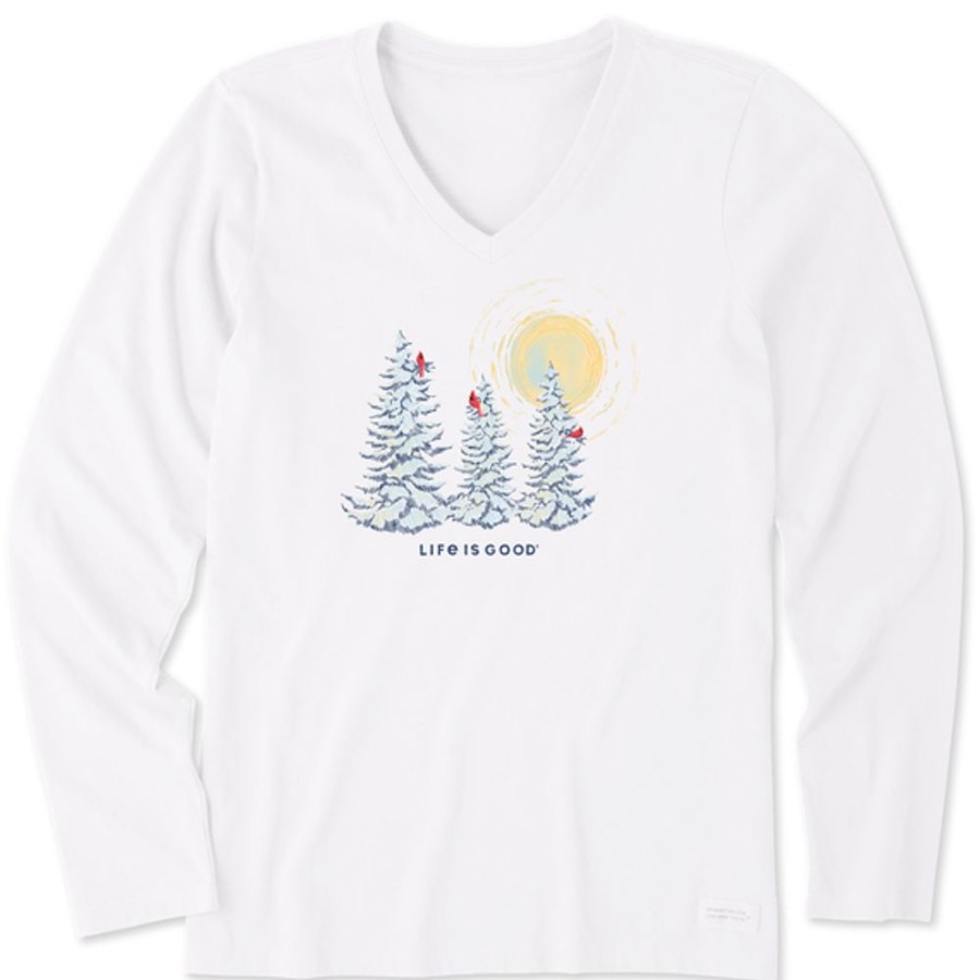 Women Life is Good Graphic Tees | Women'S Snowy Pines With Cardinals Long Sleeve Crusher Vee Cloud White