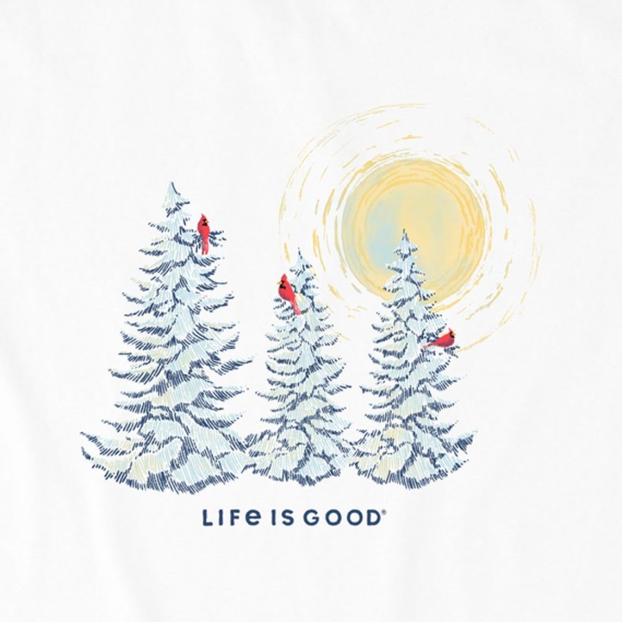 Women Life is Good Graphic Tees | Women'S Snowy Pines With Cardinals Long Sleeve Crusher Vee Cloud White