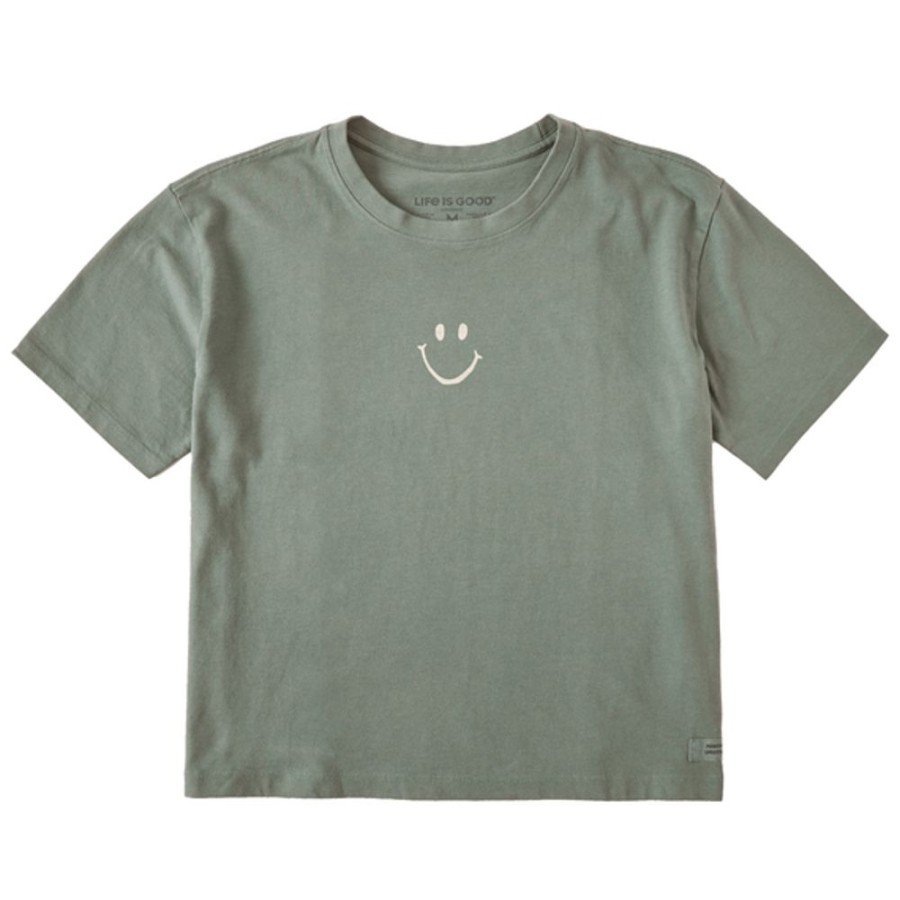 Women Life is Good Graphic Tees | Women'S Clean Smiley Boxy Crusher Tee Moss Green