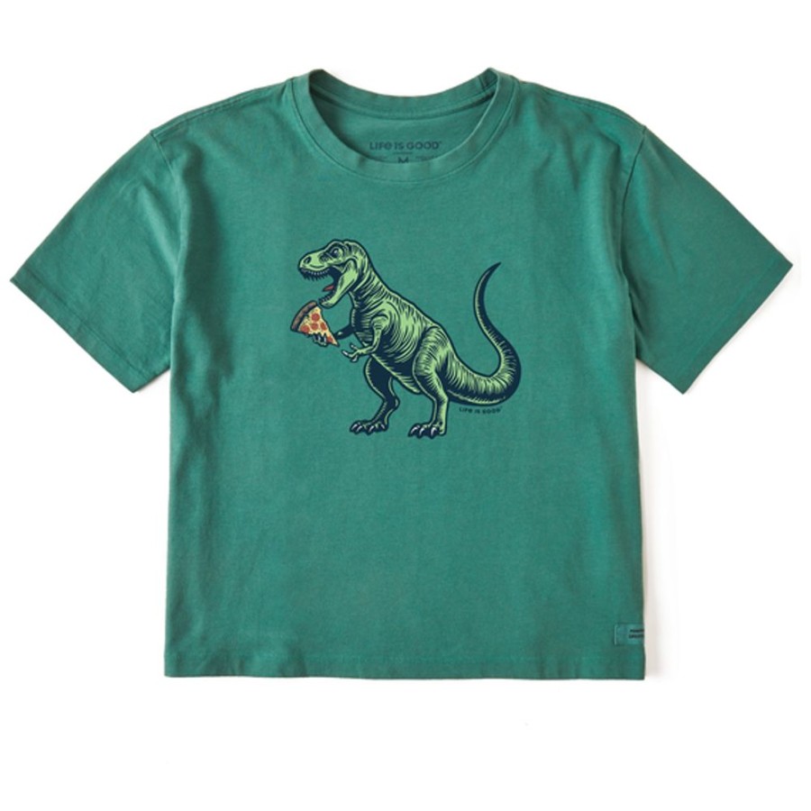 Women Life is Good Boxy Tees | Women'S Woodcut Snack Attack T Rex Boxy Crusher Tee Spruce Green