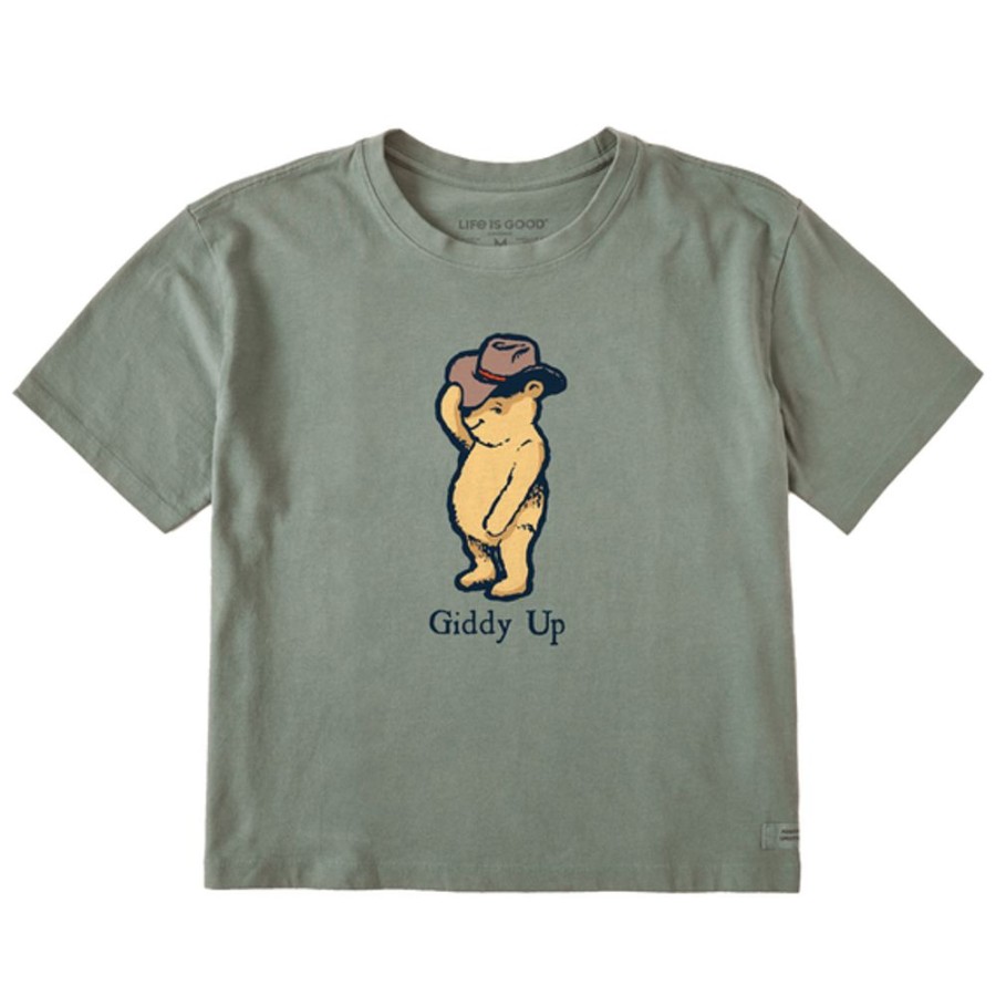 Women Life is Good Boxy Tees | Women'S Storybook Giddy Up Winnie Boxy Crusher Tee Moss Green