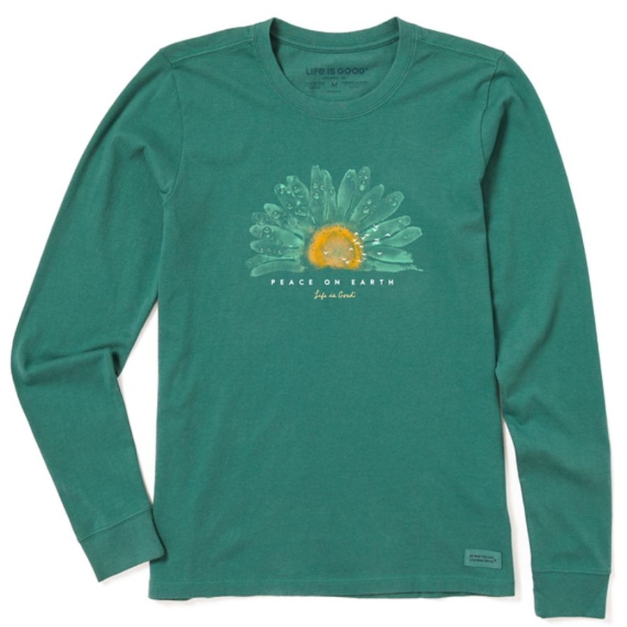 Women Life is Good Graphic Tees | Women'S Peace On Earth Watercolor Daisy Long Sleeve Crusher Tee Spruce Green