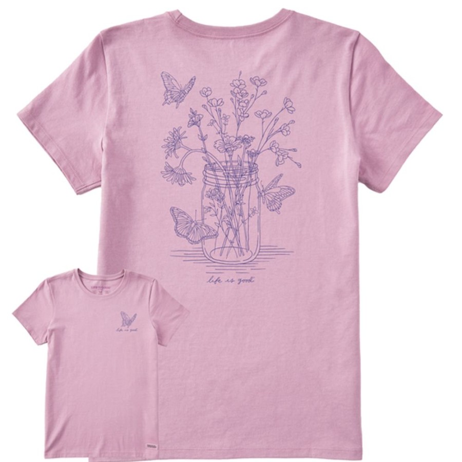 Women Life is Good Graphic Tees | Women'S Fineline Wildflower Jar And Butterflies Short Sleeve Tee Violet Purple