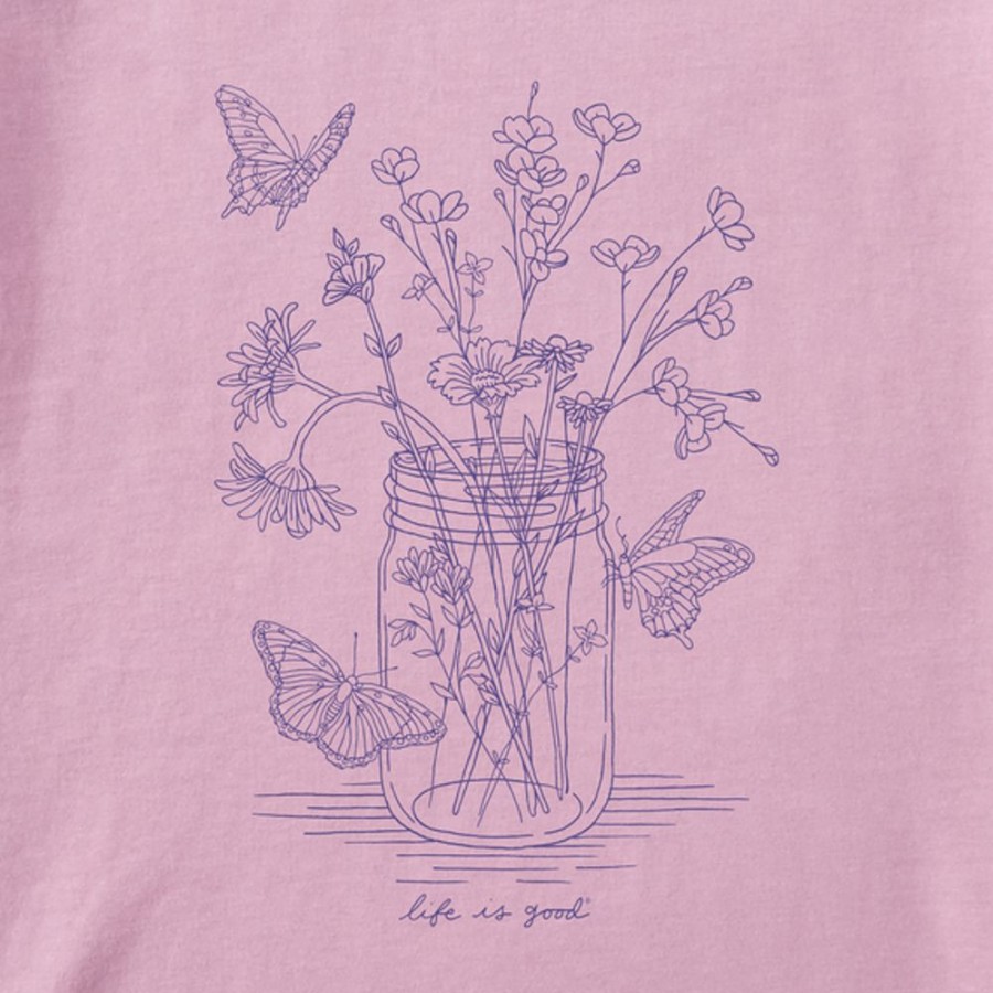 Women Life is Good Graphic Tees | Women'S Fineline Wildflower Jar And Butterflies Short Sleeve Tee Violet Purple