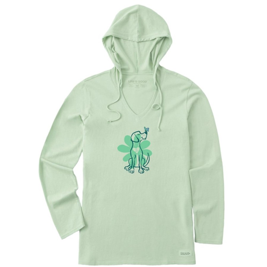 Women Life is Good Graphic Tees | Women'S Spring Daisy Dog Long Sleeve Crusher-Lite Hooded Tee Sage Green