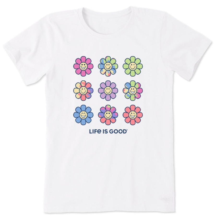 Women Life is Good Graphic Tees | Women'S Tie Dye Groovy Smiley Daisies Short Sleeve Tee Cloud White