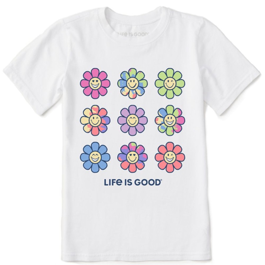 Kids Life is Good Graphic Tees | Kids Tie Dye Groovy Smiley Daisies Crusher Tee Cloud White