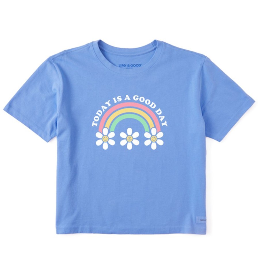 Women Life is Good Graphic Tees | Women'S Clean Today Is A Good Day Daisy Rainbow Boxy Crusher Tee Cornflower Blue