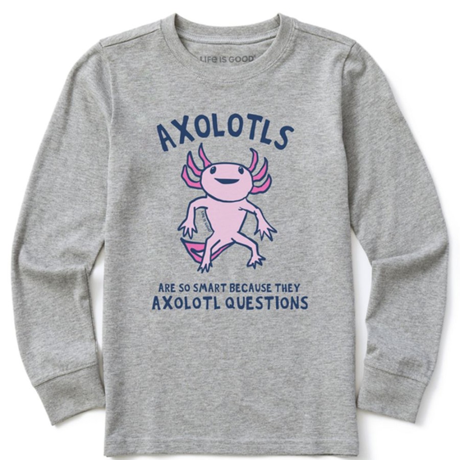 Kids Life is Good Graphic Tees | Kids Axolotls Questions Long Sleeve Crusher Tee Heather Gray