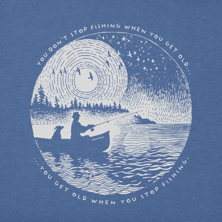 Men Life is Good Graphic Tees | Men'S Woodcut Don'T Stop Fishing Scene Crusher Tee Vintage Blue