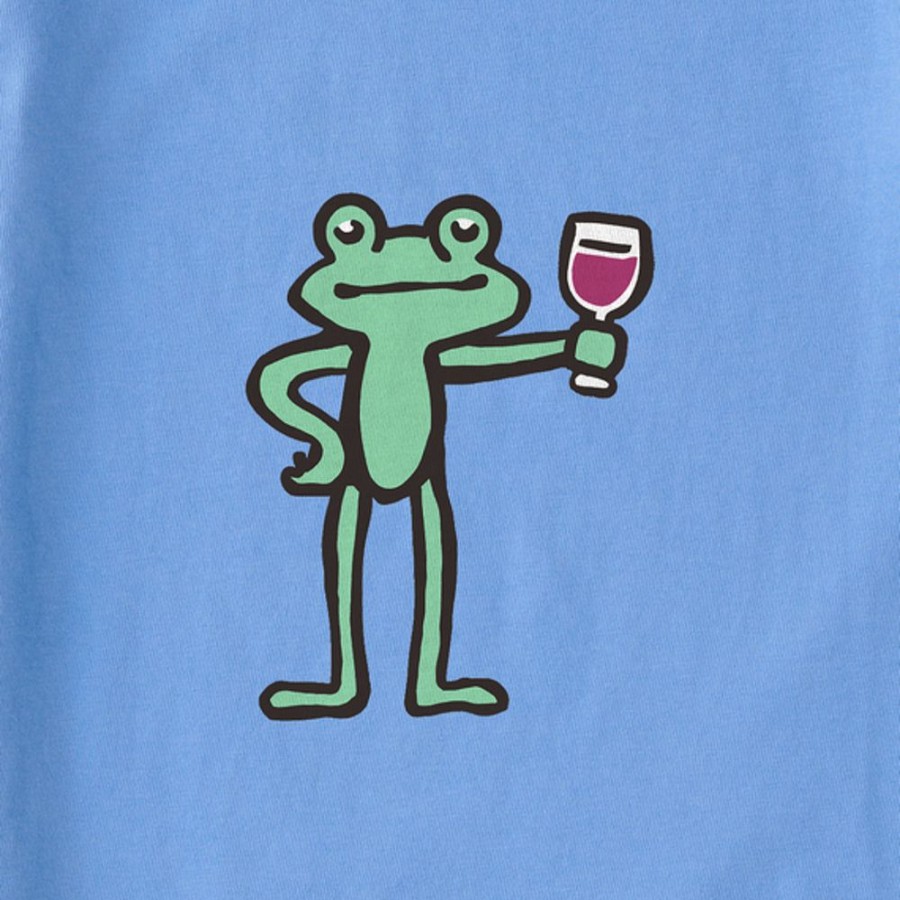 Women Life is Good Boxy Tees | Women'S Quirky Frog With Wine Boxy Crusher Tee Cornflower Blue