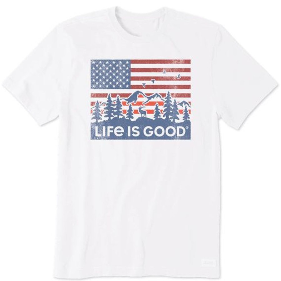 Men Life is Good Graphic Tees | Men'S Flag Mountain Scene Crusher Tee Cloud White