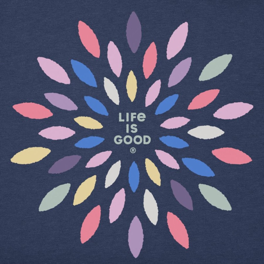 Women Life is Good Graphic Tees | Women'S Colorful Flower Burst Short Sleeve Vee Darkest Blue