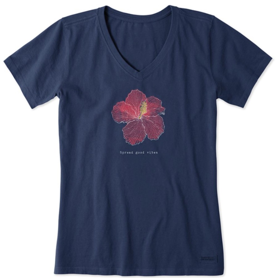 Women Life is Good Graphic Tees | Women'S Fineline Good Vibes Hibiscus Crusher Vee Darkest Blue