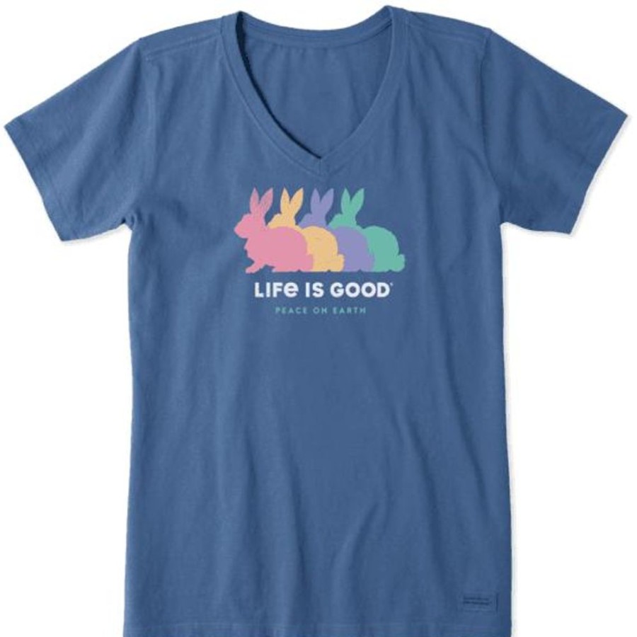 Women Life is Good Graphic Tees | Women'S Peace On Earth Bunnies Short Sleeve Vee Vintage Blue