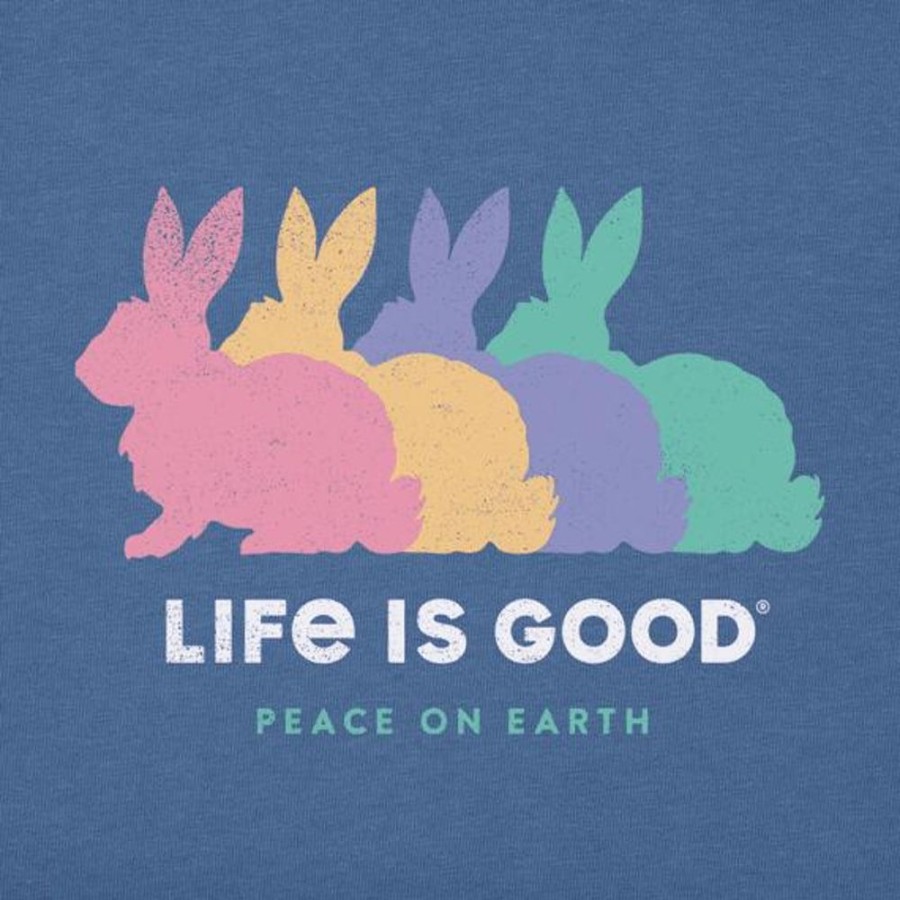 Women Life is Good Graphic Tees | Women'S Peace On Earth Bunnies Short Sleeve Vee Vintage Blue