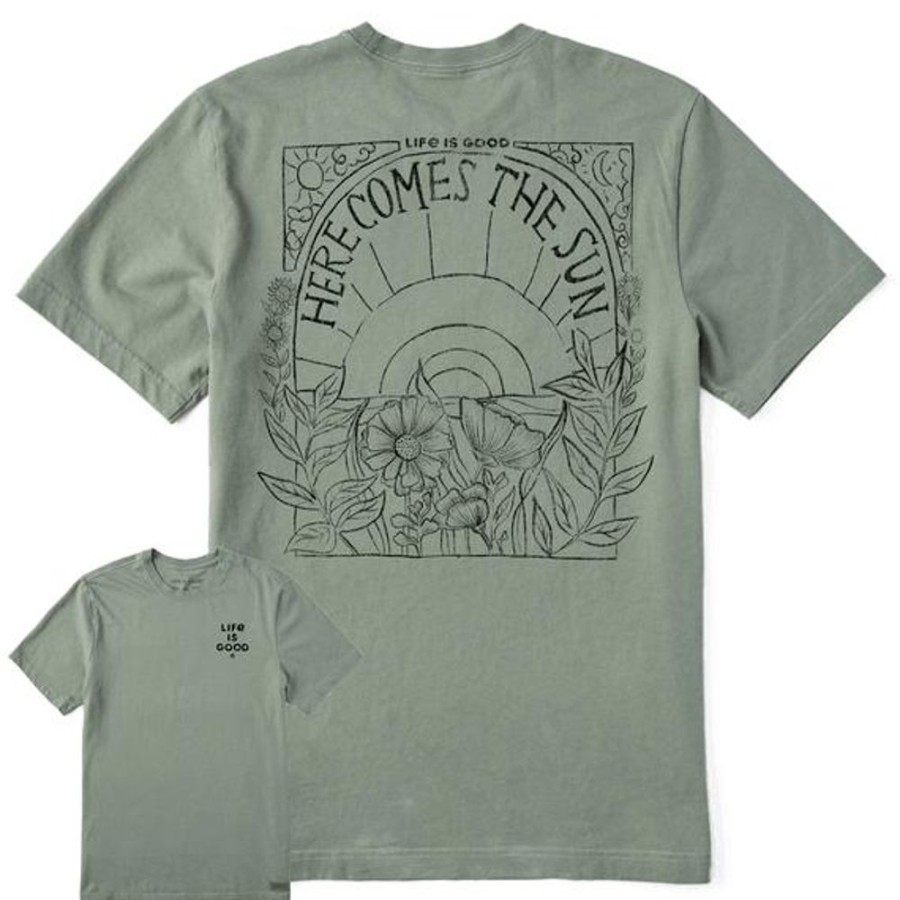 Men Life is Good Graphic Tees | Men'S Here Comes The Sun Hippie 1-Color Crusher Tee Moss Green