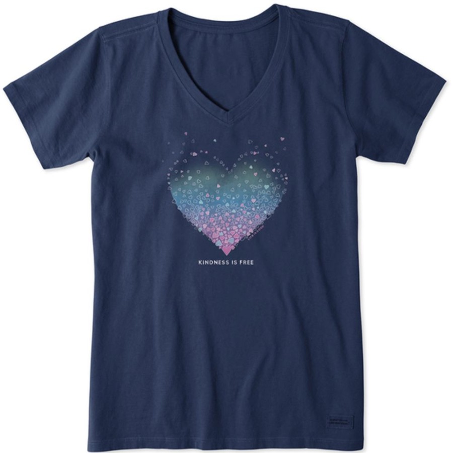 Women Life is Good Graphic Tees | Women'S Kindness Is Free Evaporating Heart Short Sleeve Vee Darkest Blue