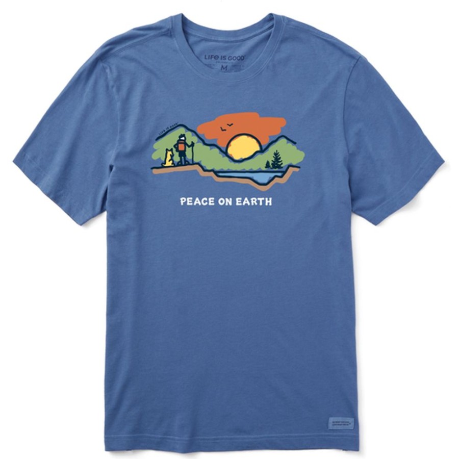 Men Life is Good Graphic Tees | Men'S Peace On Earth Mountain Hike Crusher Tee Vintage Blue