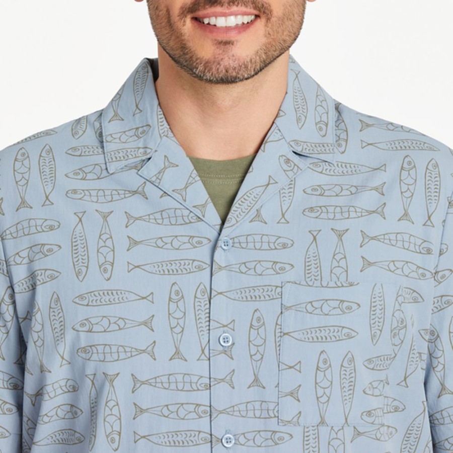 Men Life is Good Casual Shirts | Men'S Linear Fish Pattern Camp Shirt Smoky Blue