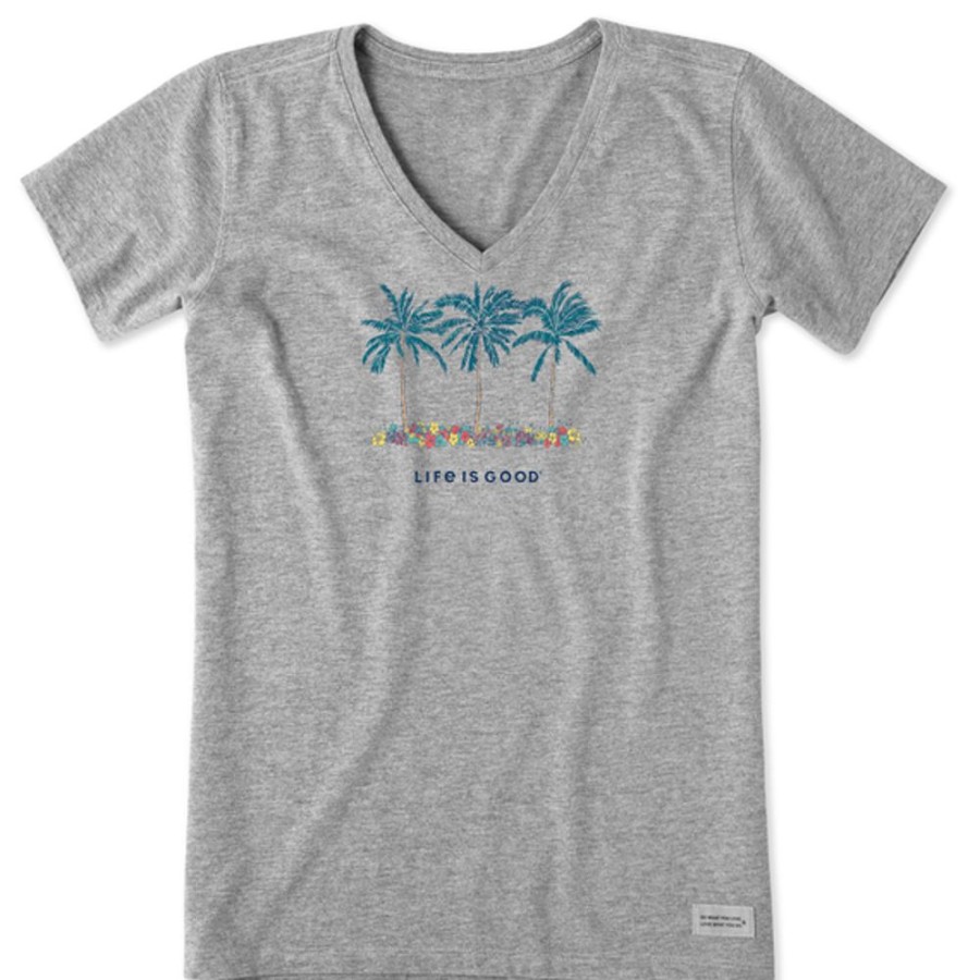 Women Life is Good Graphic Tees | Women'S Cool Palm Flowers Short Sleeve Vee Heather Gray