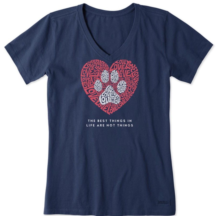 Women Life is Good Graphic Tees | Women'S Best Things Paw Heart Short Sleeve Vee Darkest Blue