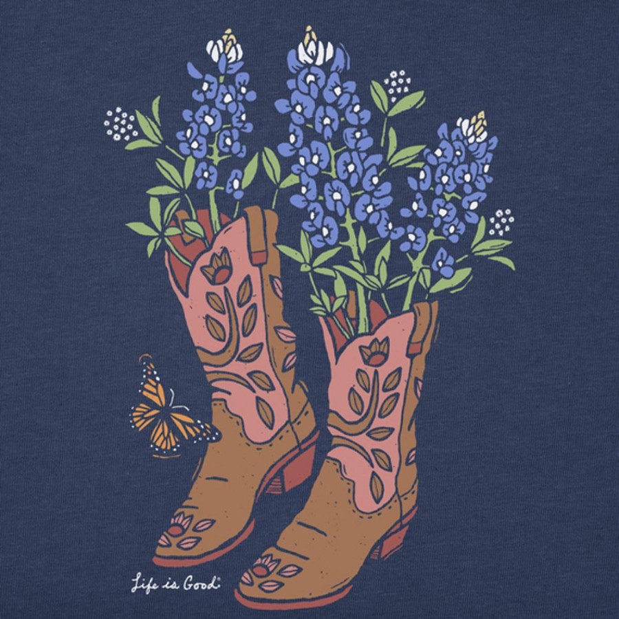 Women Life is Good Graphic Tees | Women'S Woodcut Boots And Blue Bonnets Boxy Crusher Tee Darkest Blue