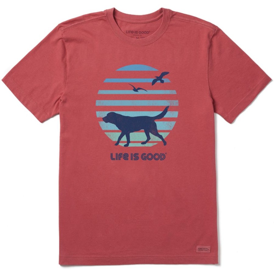 Men Life is Good Graphic Tees | Men'S 70'S Retro Dog Beach Walk Short Sleeve Tee Faded Red