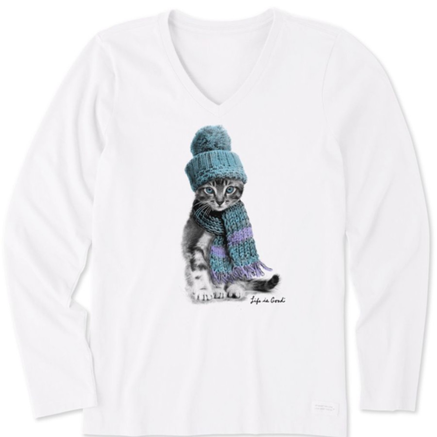 Women Life is Good Graphic Tees | Women'S Winter Cat Hat Long Sleeve Crusher Vee Cloud White