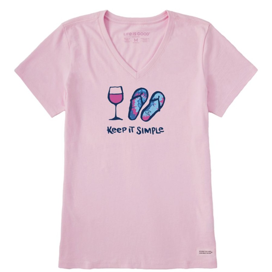 Women Life is Good Graphic Tees | Women'S Tie Dye Wine And Flip Flops Short Sleeve Vee Seashell Pink