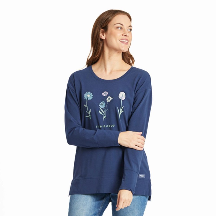 Women Life is Good Crusher-Flex Apparel | Women'S Detailed Spring Flowers Crusher-Flex Tunic Darkest Blue