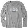 Women Life is Good Graphic Tees | Women'S Three Painted Daisies Long Sleeve Crusher Vee Heather Gray