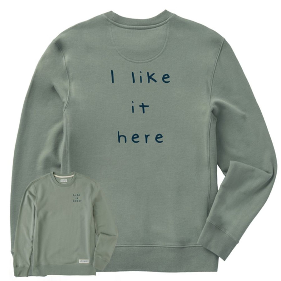 Men Life is Good Sweatshirts & Hoodies | Men'S Quirky I Like It Here Simply True Fleece Crew Moss Green