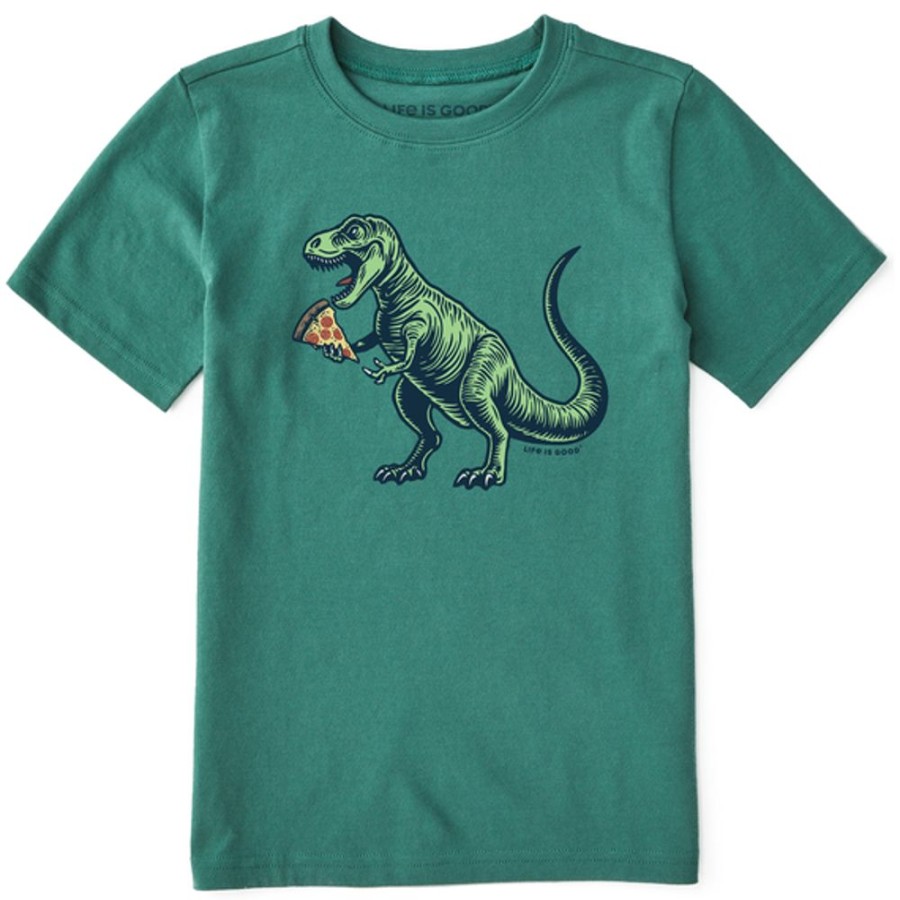 Kids Life is Good Graphic Tees | Kids Woodcut Snack Attack T Rex Crusher Tee Spruce Green