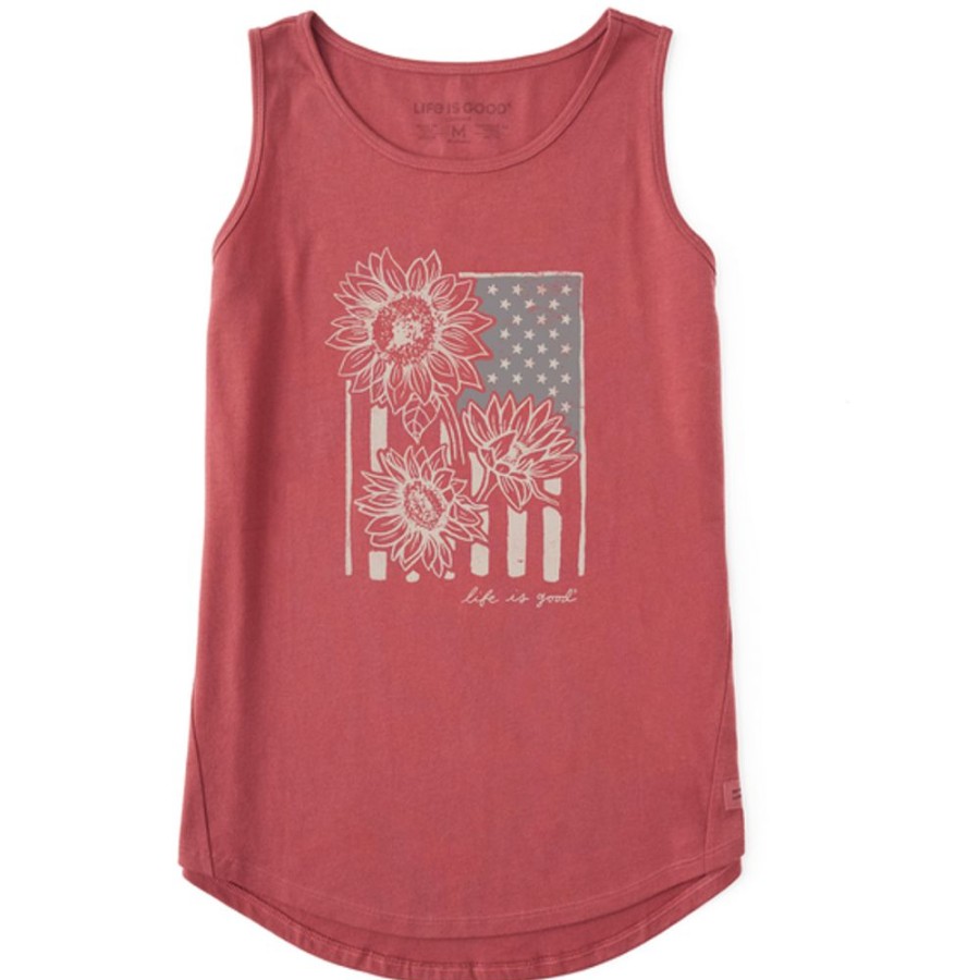 Women Life is Good Graphic Tees | Women'S Woodcut Sunflower Flag Sleeveless High-Low Crusher Tank Faded Red