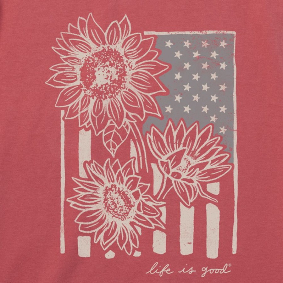 Women Life is Good Graphic Tees | Women'S Woodcut Sunflower Flag Sleeveless High-Low Crusher Tank Faded Red