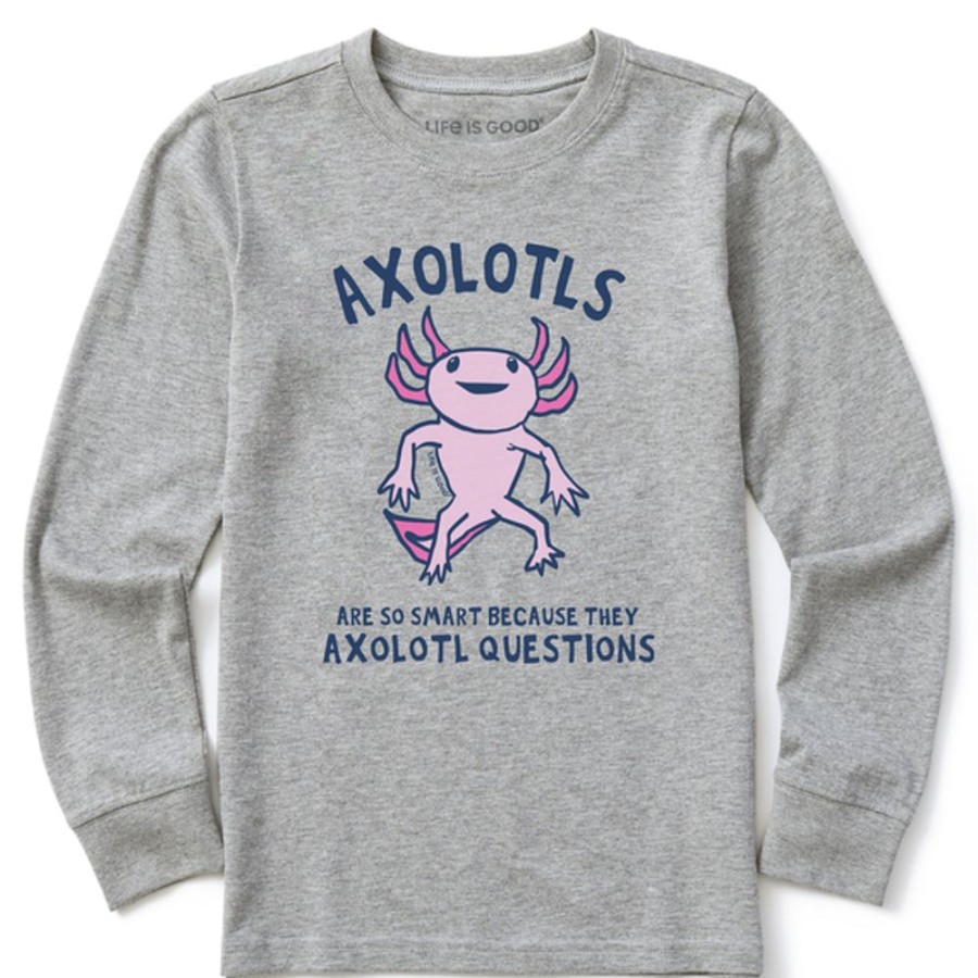 Kids Life is Good Graphic Tees | Kids Axolotls Questions Long Sleeve Crusher Tee Heather Gray