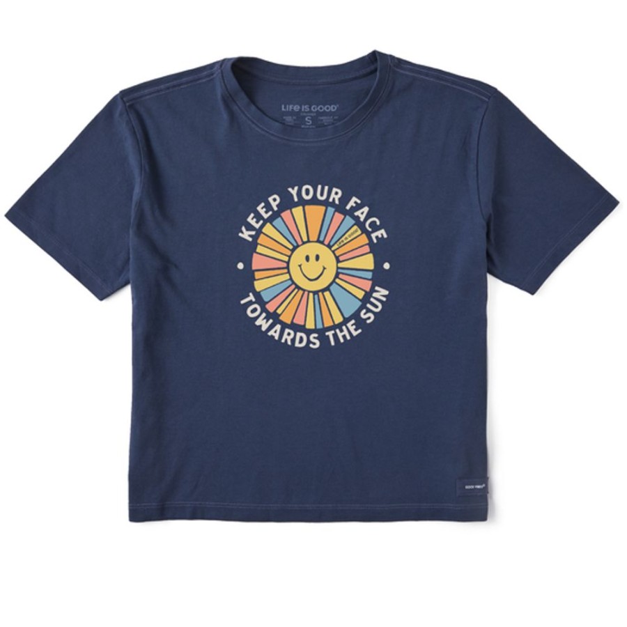 Women Life is Good Boxy Tees | Women'S Groovy Keep Your Face Towards The Sun Boxy Crusher Tee Darkest Blue