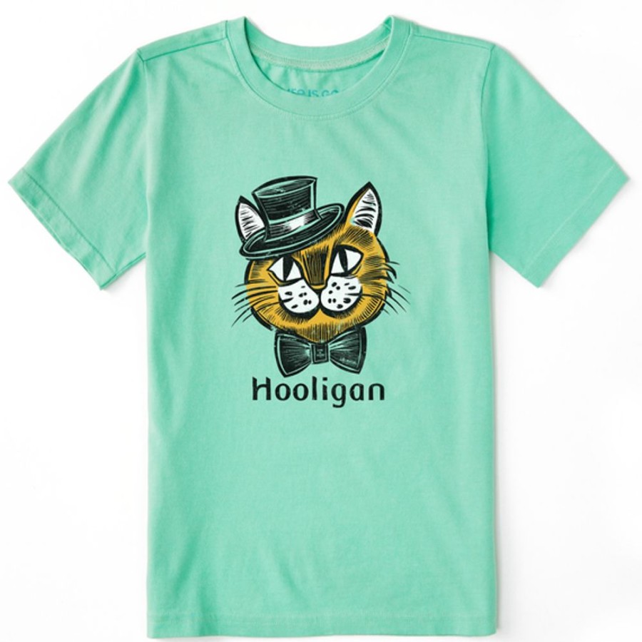 Kids Life is Good Graphic Tees | Kids Woodcut Cat Hooligan Crusher Tee Spearmint Green