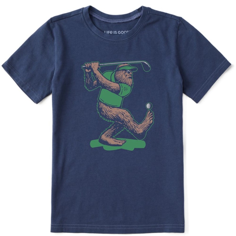 Kids Life is Good Graphic Tees | Kids Woodcut Bigfoot Golfing Crusher Tee Darkest Blue