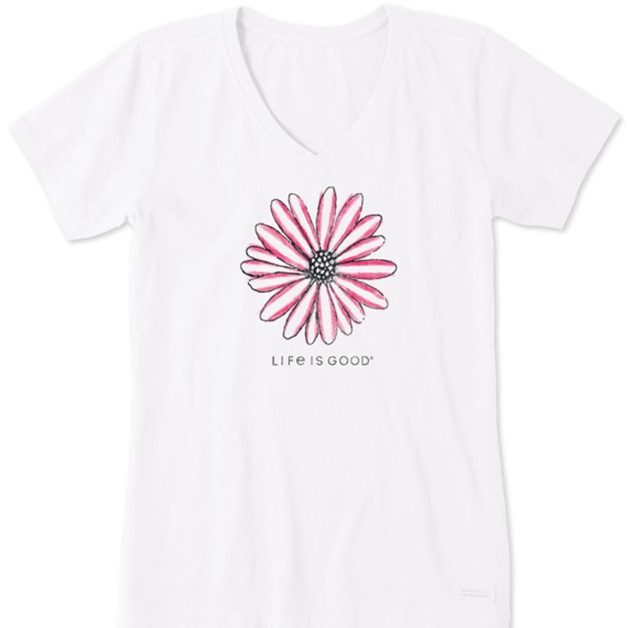 Women Life is Good Graphic Tees | Women'S Americana Hand Drawn Daisy Short Sleeve Vee Cloud White